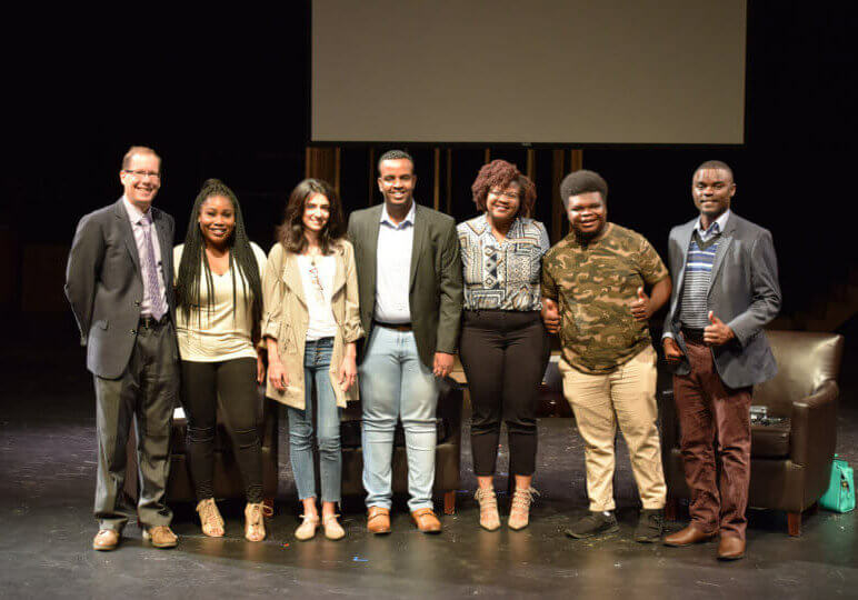 Six of the New American Entrepreneur Program Cohorts pose with the Director of the Challey Institute, John Bitzan.